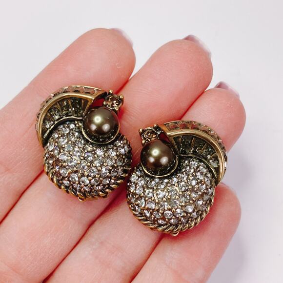 Vintage Signed Heidi Daus Art Deco Revival Gold Tone Faux Pearl Clip On Earrings - Picture 2 of 9